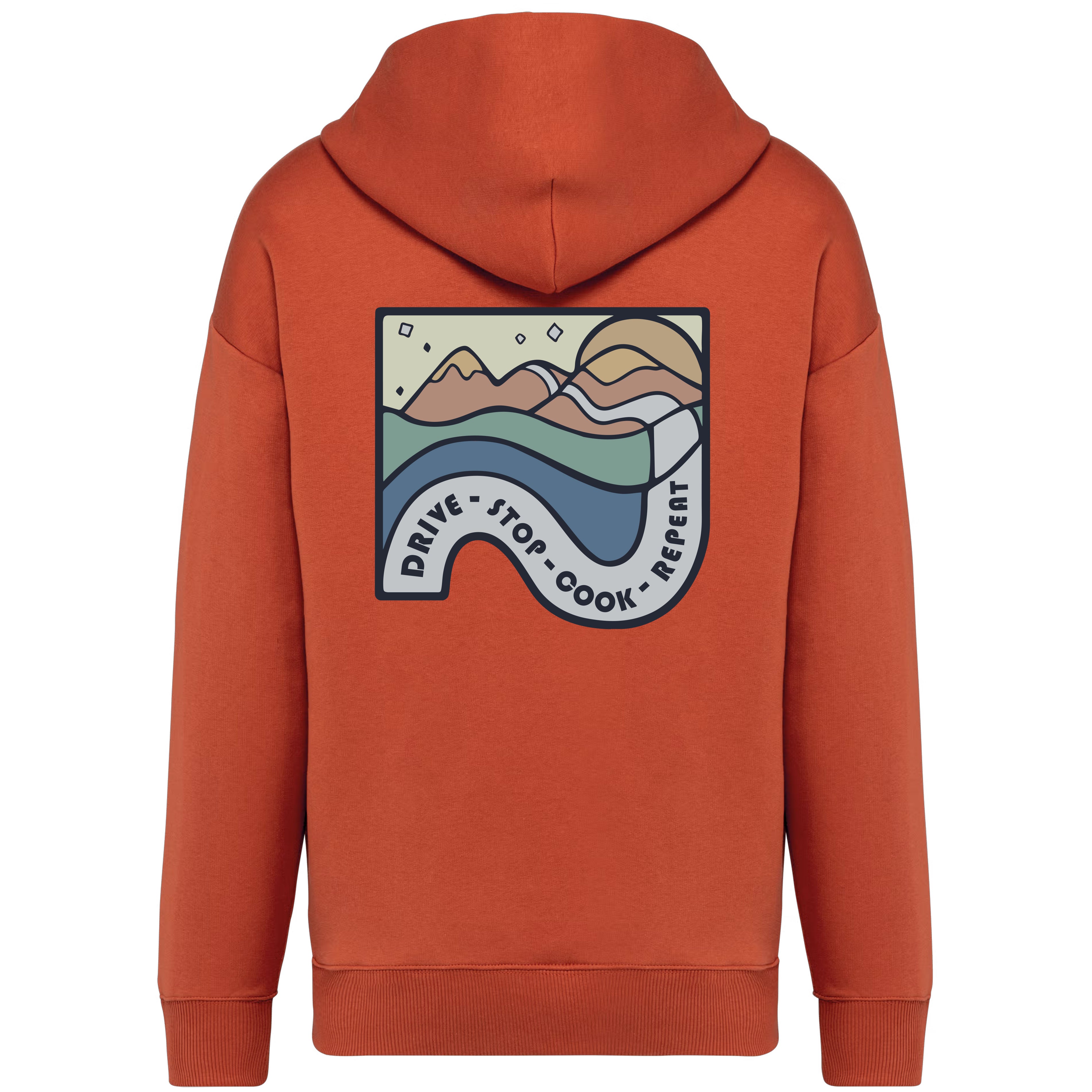 Orange hoodie with a graphic design on the back against a white background