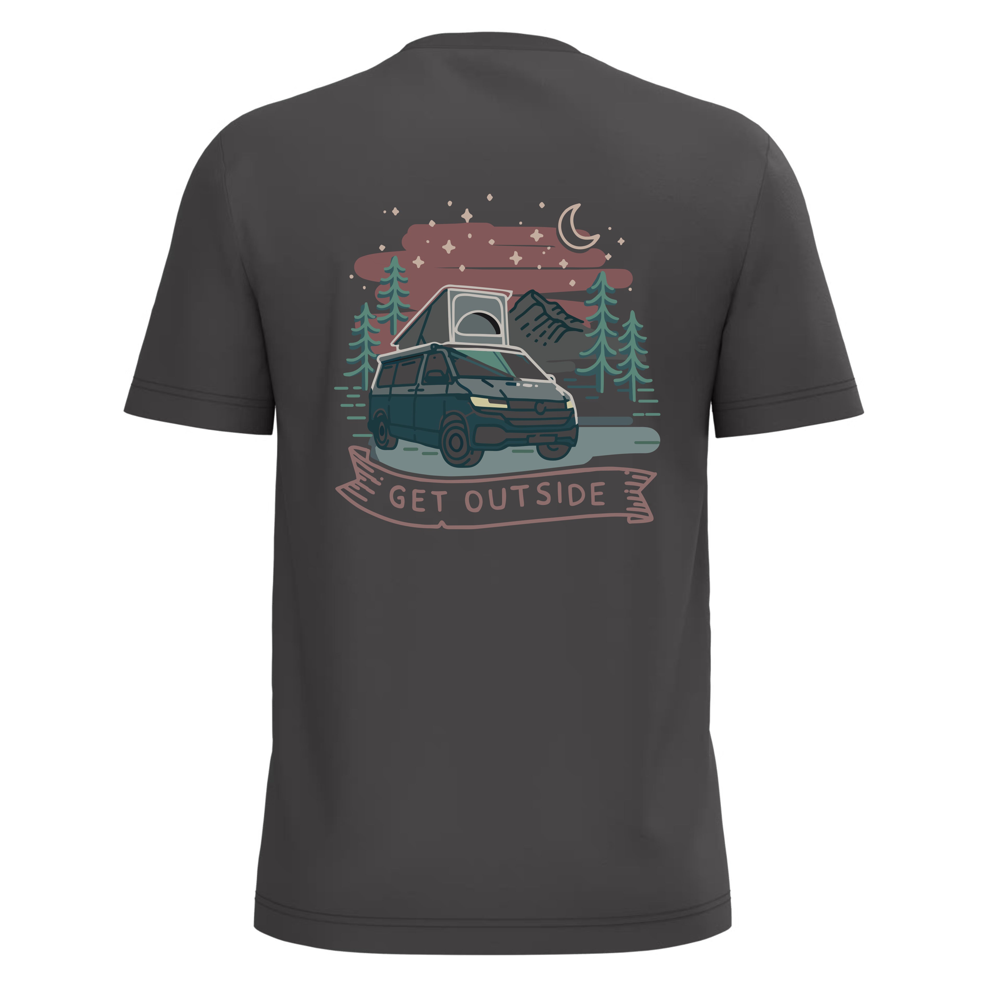 Dark gray t-shirt with a graphic of a van and mountains on the back, featuring the text 'Get Outside'.
